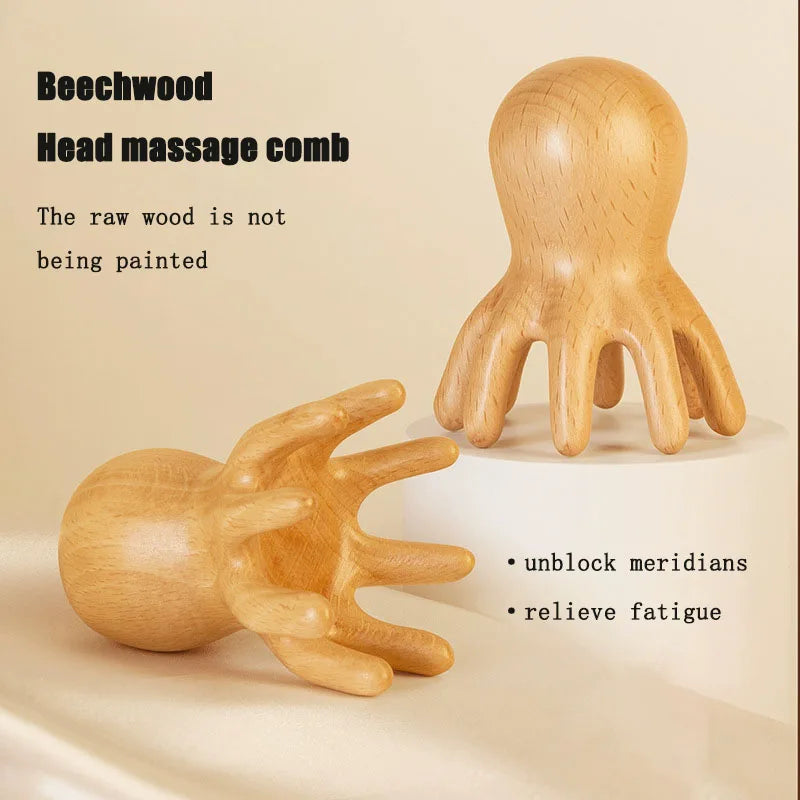 Beechwood Octopus Massage Comb Meridian Scraping Back Body Massage Acupuncture SPA GuaSha Fatigue Relief Relax Head Massage Tool