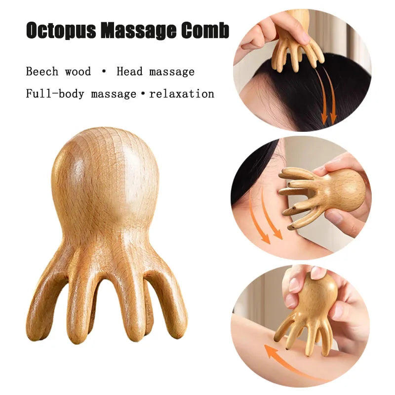 Beechwood Octopus Massage Comb Meridian Scraping Back Body Massage Acupuncture SPA GuaSha Fatigue Relief Relax Head Massage Tool
