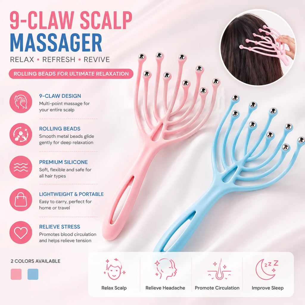Head massager with nine claws, massage comb with rolling ball, five claws for scalp and meridian dredging, scratching the head