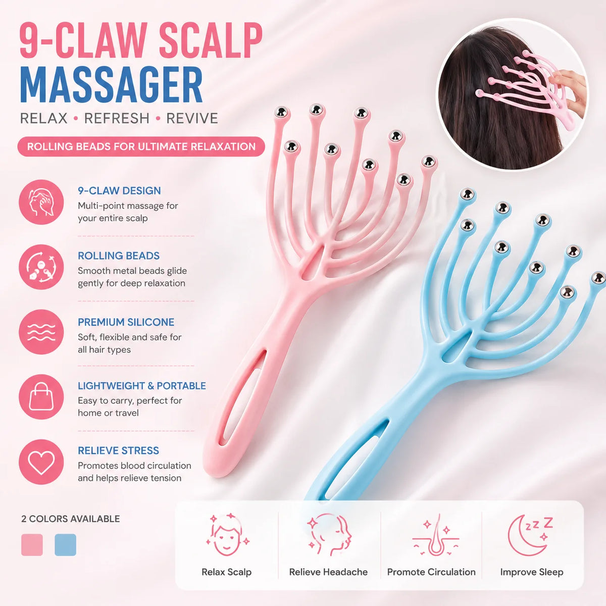 Head massager with nine claws, massage comb with rolling ball, five claws for scalp and meridian dredging, scratching the head