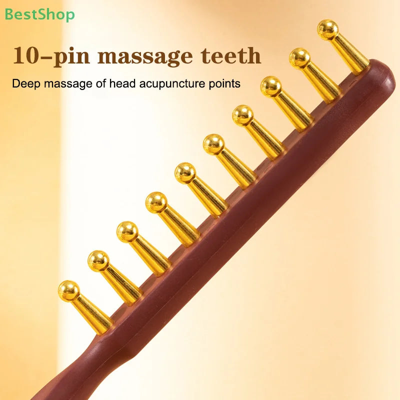 ♥Head Meridians Massage Comb Copper Wood Meridians Comb Needling Guasha Scalp Relax Tools