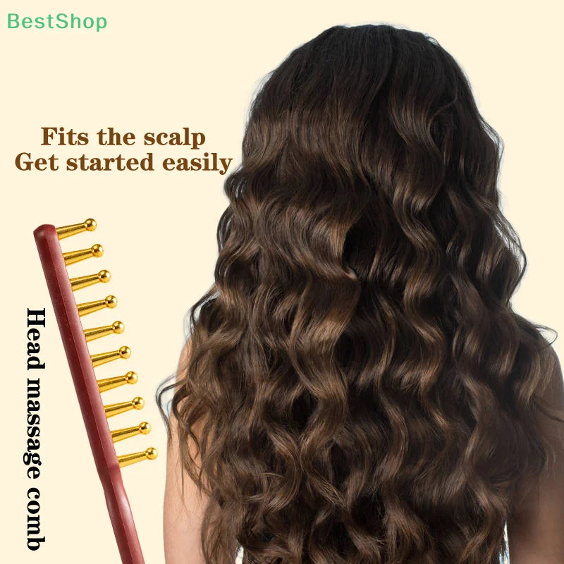 ♥Head Meridians Massage Comb Copper Wood Meridians Comb Needling Guasha Scalp Relax Tools